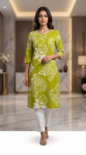 Women Olive Green Cotton Straight Kurta with White Leaf Outline Print & Round Neck