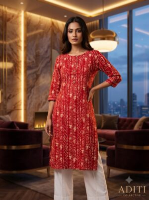 Women Ethnic Geometric Wave Printed Calf-Length Cotton Straight Kurta for Daily & Festive Wear