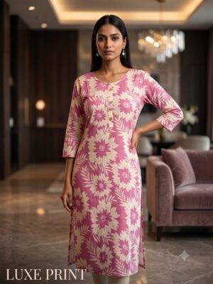 Women Dusty Rose Pink Bold Floral Print Cotton Straight Kurta with Round Neck