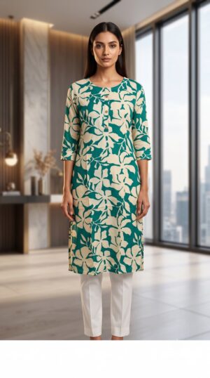 Women Botanical Pattern Calf-Length Cotton Straight Kurti for Office & Casual Wear