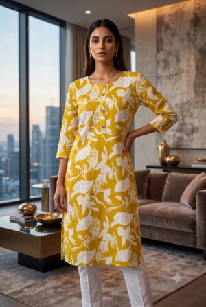 Women Mustard Yellow & White Floral Leaf Printed Cotton Straight Kurta with Placket Detail