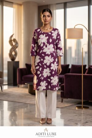 Women Purple & Off-White Floral Printed Pure Cotton Straight Kurti