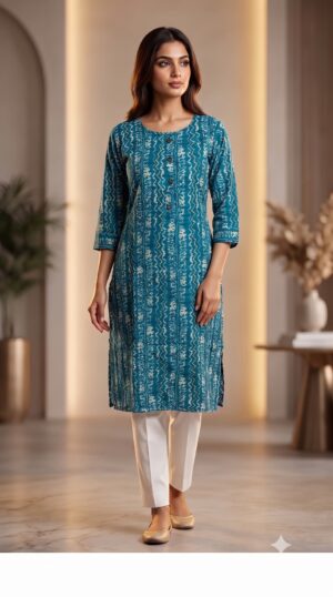 Women Ethnic Geometric Printed Calf-Length Cotton Straight Kurti for Office & Daily Wear