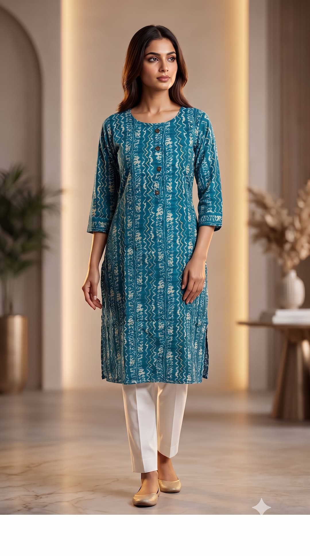 Women Ethnic Geometric Printed Calf-Length Cotton Straight Kurti for Office & Daily Wear