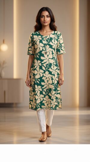 Elegant Green Short Sleeve Floral Pattern Straight Cotton Kurti for Summer & Office Wear