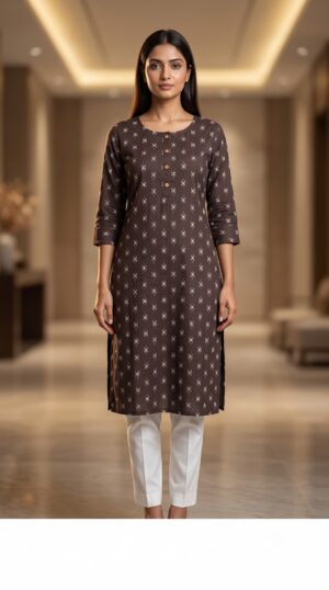 Women Dark Brown Calf-Length Daily Wear Straight Cotton Kurti for Office & Casual Wear