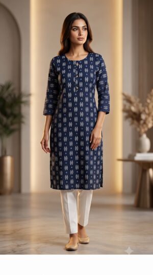 Women Navy Blue Geometric Printed Pure Cotton Straight Kurti