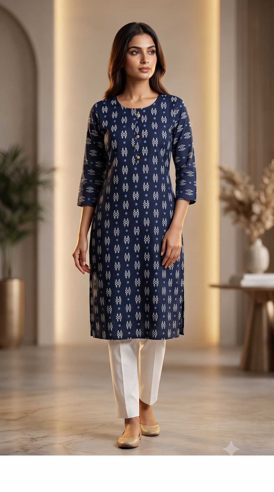 Women Navy Blue Geometric Printed Pure Cotton Straight Kurti