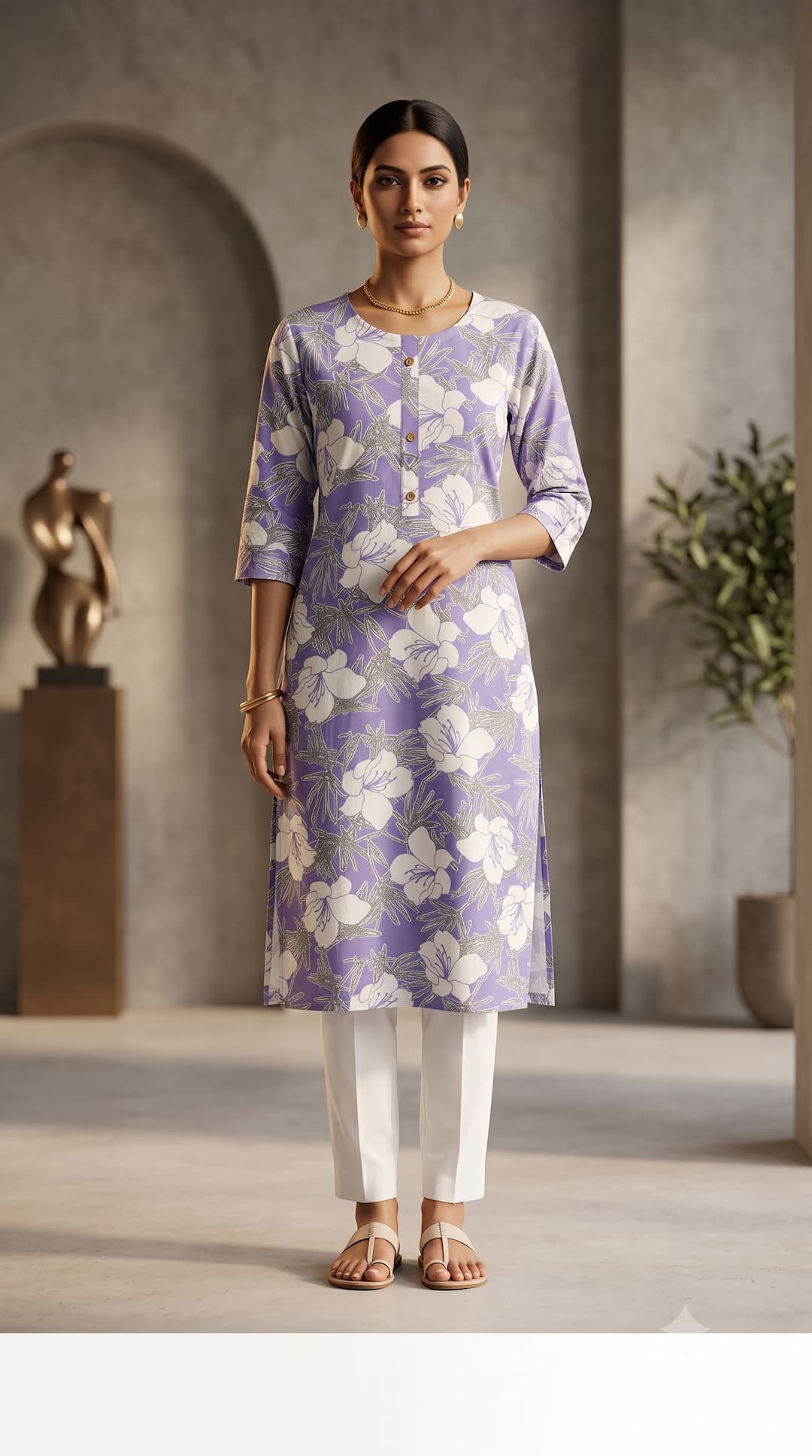 Women Pastel Purple Botanical Print Calf-Length Cotton Kurta for Office & Casual Wear