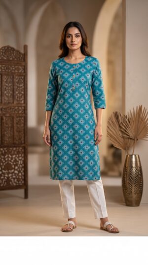 Women Teal Blue Bandhani / Ethnic Motif Printed Pure Cotton Straight Kurti