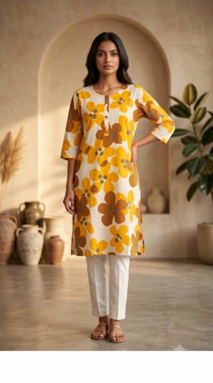 Women Mustard Yellow & Beige Floral Printed Pure Cotton Straight Kurti (XXL)