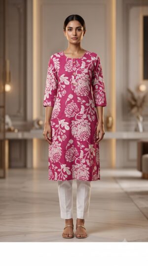 Women Mauve Pink Botanical Flower Print Calf-Length Cotton Kurti for Office & Casual Wear