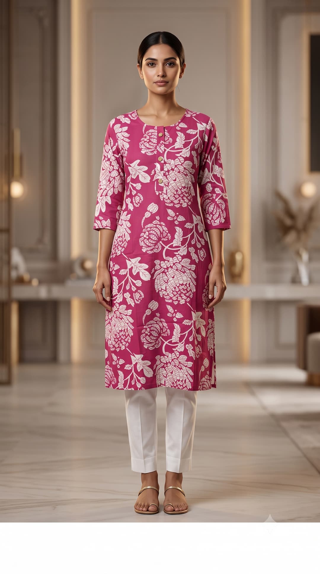 Women Mauve Pink Botanical Flower Print Calf-Length Cotton Kurti for Office & Casual Wear