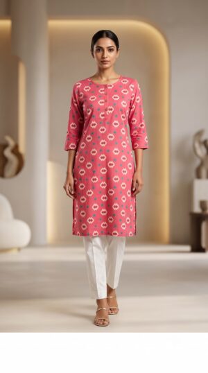 Women Peach Pink Ethnic Geometric Ikat Motif Straight Cotton Kurta with Round Neck